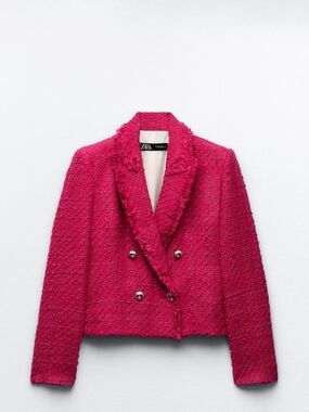 Zara Fuchsia Tweed Double-Breasted Cropped Blazer